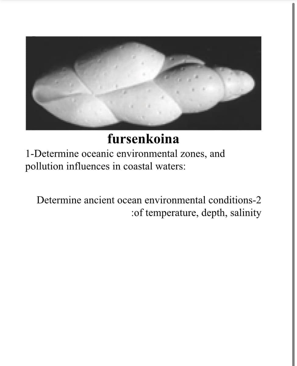 fursenkoina
1-Determine oceanic environmental zones, and
pollution influences in coastal waters:
Determine ancient ocean environmental conditions-2
:of temperature, depth, salinity
