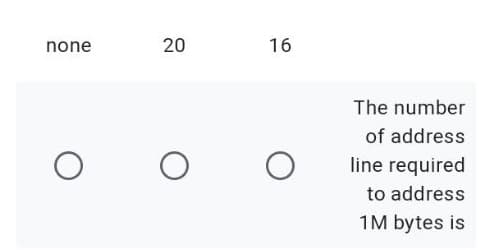 none
20
16
The number
of address
line required
to address
1M bytes is
