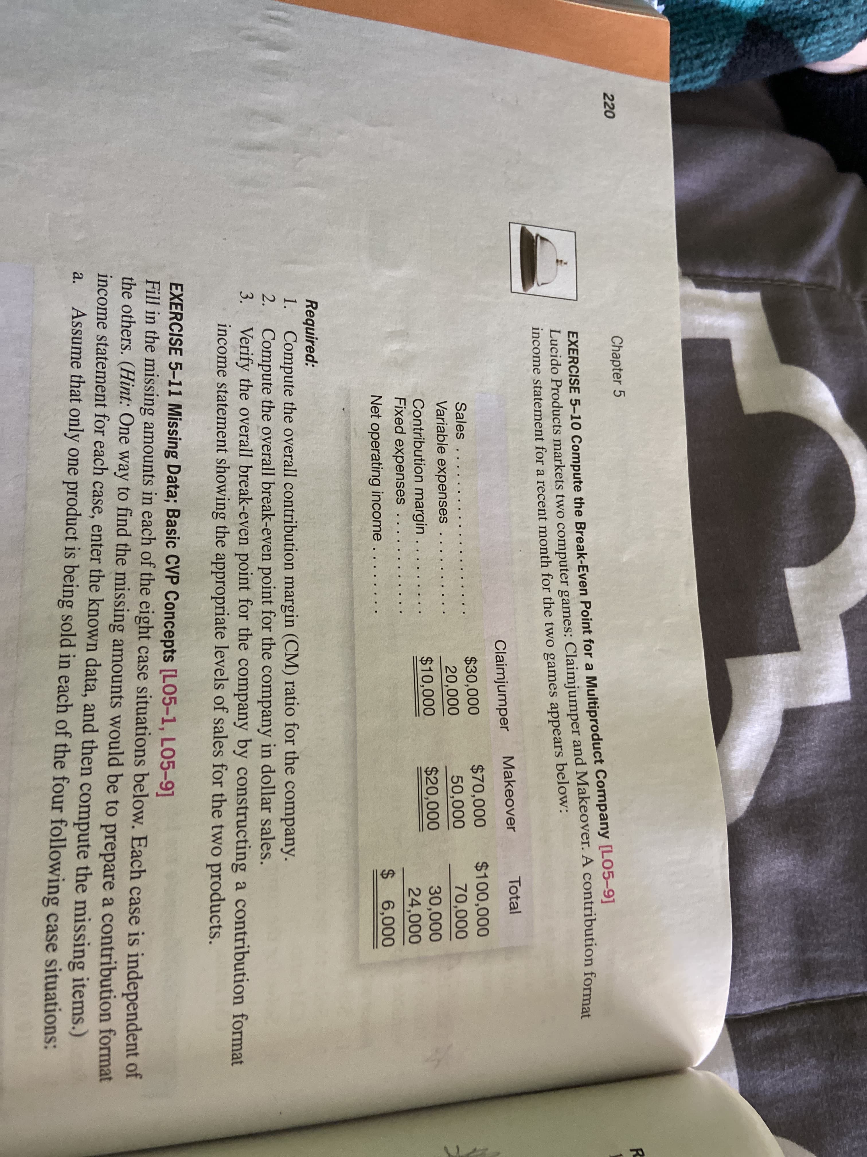 Chapter 5
R.
220
EXERCISE 5–10 Compute the Break-Even Point for a Multiproduct Company [LO5-9]
Lucido Products markets two computer games: Claimjumper and Makeover. A contribution format
income statement for a recent month for the two games appears below:
Makeover
Total
Claimjumper
$70,000
$100,000
$30,000
20,000
$10,000
Sales
50,000
70,000
Variable expenses
30,000
24,000
$ 6,000
$20,000
Contribution margin . ..
Fixed expenses . ..
Net operating income ..
Required:
1. Compute the overall contribution margin (CM) ratio for the company.
2. Compute the overall break-even point for the company in dollar sales.
3. Verify the overall break-even point for the company by constructing a contribution format
income statement showing the appropriate levels of sales for the two products.
EXERCISE 5-11 Missing Data; Basic CVP Concepts [LO5-1, LO5-9]
Fill in the missing amounts in each of the eight case situations below. Each case is independent of
the others. (Hint: One way to find the missing amounts would be to prepare a contribution format
income statement for each case, enter the known data, and then compute the missing items.)
Assume that only one product is being sold in each of the four following case situations:
a.
