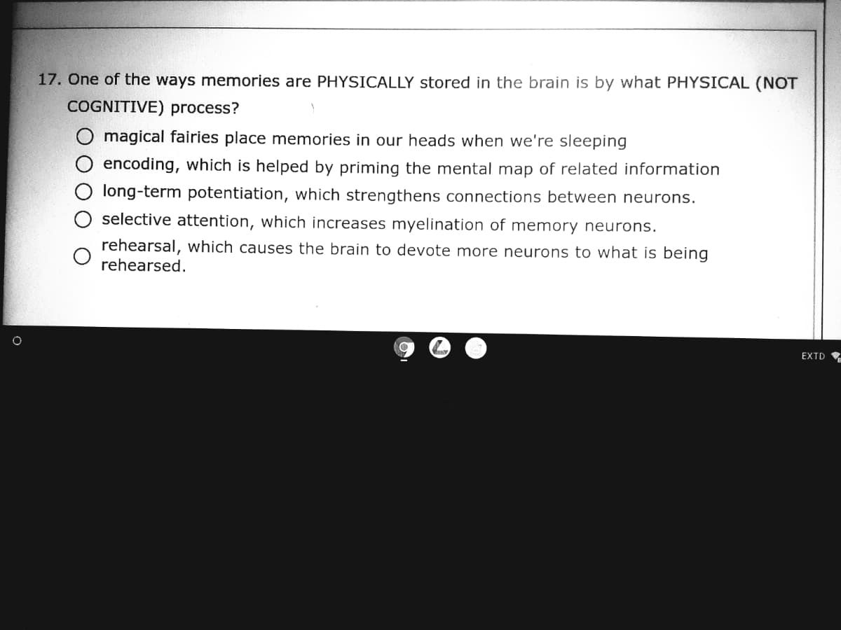 17. One of the ways memories are PHYSICALLY stored in the brain is by what PHYSICAL (NOT
COGNITIVE) process?
magical fairies place memories in our heads when we're sleeping
encoding, which is helped by priming the mental map of related information
long-term potentiation, which strengthens connections between neurons.
selective attention, which increases myelination of memory neurons.
rehearsal, which causes the brain to devote more neurons to what is being
rehearsed.
EXTD
