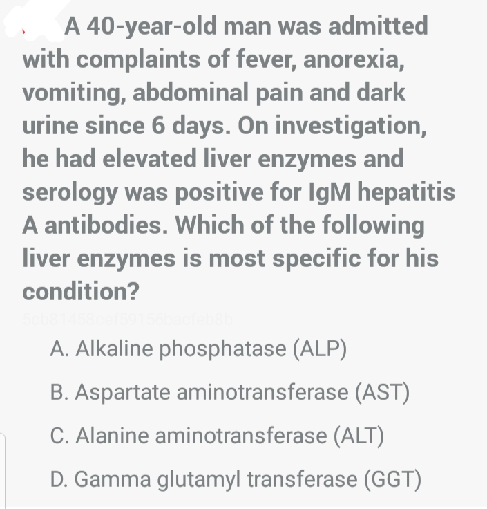 A 40-year-old man was admitted
with complaints of fever, anorexia,
vomiting, abdominal pain and dark
urine since 6 days. On investigation,
he had elevated liver enzymes and
serology was positive for IgM hepatitis
A antibodies. Which of the following
liver enzymes is most specific for his
condition?
A. Alkaline phosphatase (ALP)
B. Aspartate aminotransferase (AST)
C. Alanine aminotransferase (ALT)
D. Gamma glutamyl transferase (GGT)
