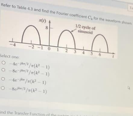 Refer to Table 4.3 and find the Fourier coefficient C, for the waveform shown:
1/2 cycle of
sinusoid
Select one
x(1)
-2-
8
0
Olejk/2/(²-1)
O-8e-J**/2/(k² − 1)
O-4e-/(²-1)
O 8/2/(²-1)
ind the Transfer Function of the
2
3
5
Tim