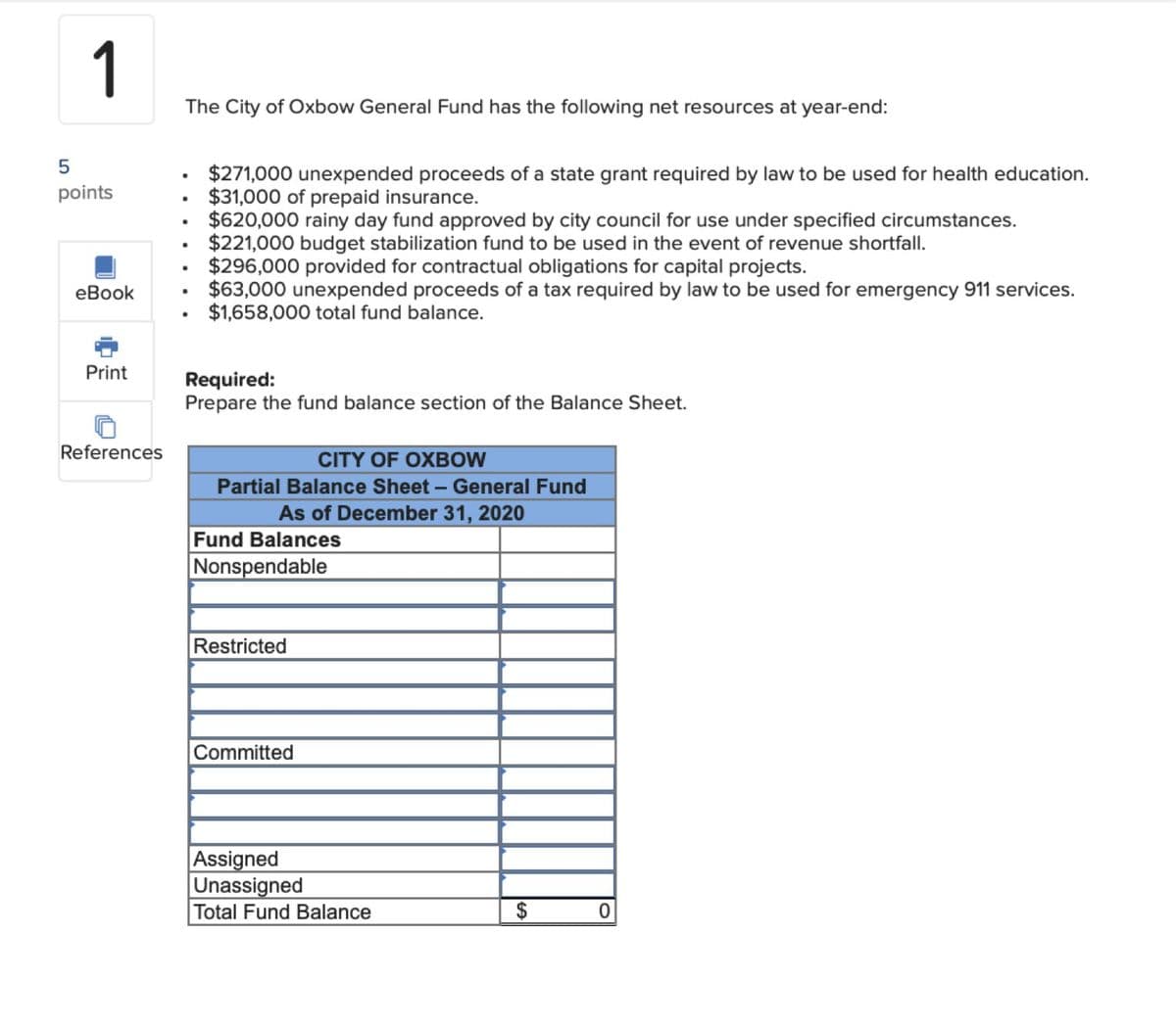 5
1
•
points
•
eBook
•
•
•
The City of Oxbow General Fund has the following net resources at year-end:
$271,000 unexpended proceeds of a state grant required by law to be used for health education.
$31,000 of prepaid insurance.
$620,000 rainy day fund approved by city council for use under specified circumstances.
$221,000 budget stabilization fund to be used in the event of revenue shortfall.
$296,000 provided for contractual obligations for capital projects.
$63,000 unexpended proceeds of a tax required by law to be used for emergency 911 services.
$1,658,000 total fund balance.
Print
0
References
Required:
Prepare the fund balance section of the Balance Sheet.
CITY OF OXBOW
Partial Balance Sheet - General Fund
As of December 31, 2020
Fund Balances
Nonspendable
Restricted
Committed
Assigned
Unassigned
Total Fund Balance
0