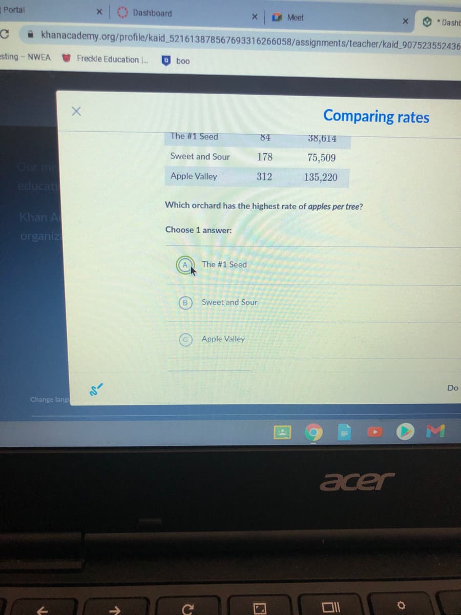 Portal
Dashboard
Meet
O * Dasht
A khanacademy.org/profile/kaid_521613878567693316266058/assignments/teacher/kaid_907523552436
esting - NWEA
Freckle Education |..
O boo
Comparing rates
The #1 Seed
84
38,614
Sweet and Sour
178
75,509
Our mi
Apple Valley
312
135,220
educati
Which orchard has the highest rate of apples per tree?
Khan A
Choose 1 answer:
organiz
The #1 Seed
Sweet and Sour
Apple Valley
Do
Change lang
acer
司
