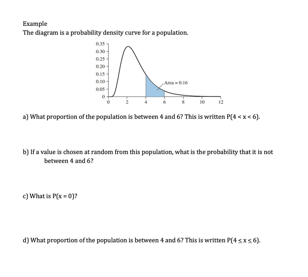 Example
The diagram is a probability density curve for a population.
0.35
0.30
0.25
0.20
0.15
0.10
0.05
0
0
c) What is P(x = 0)?
2
4
Area = 0.16
6
8
10
12
a) What proportion of the population is between 4 and 6? This is written P(4 < x < 6).
b) If a value is chosen at random from this population, what is the probability that it is not
between 4 and 6?
d) What proportion of the population is between 4 and 6? This is written P(4 ≤x≤6).