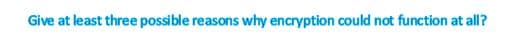 Give at least three possible reasons why encryption could not function at all?
