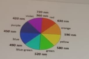 720 nm
360 nm red
violet
420 nm
630 nm
purple
orange
450 nm
590 nm
blue
yellow
490 nm
580 nm
blue green
green
520 nm
