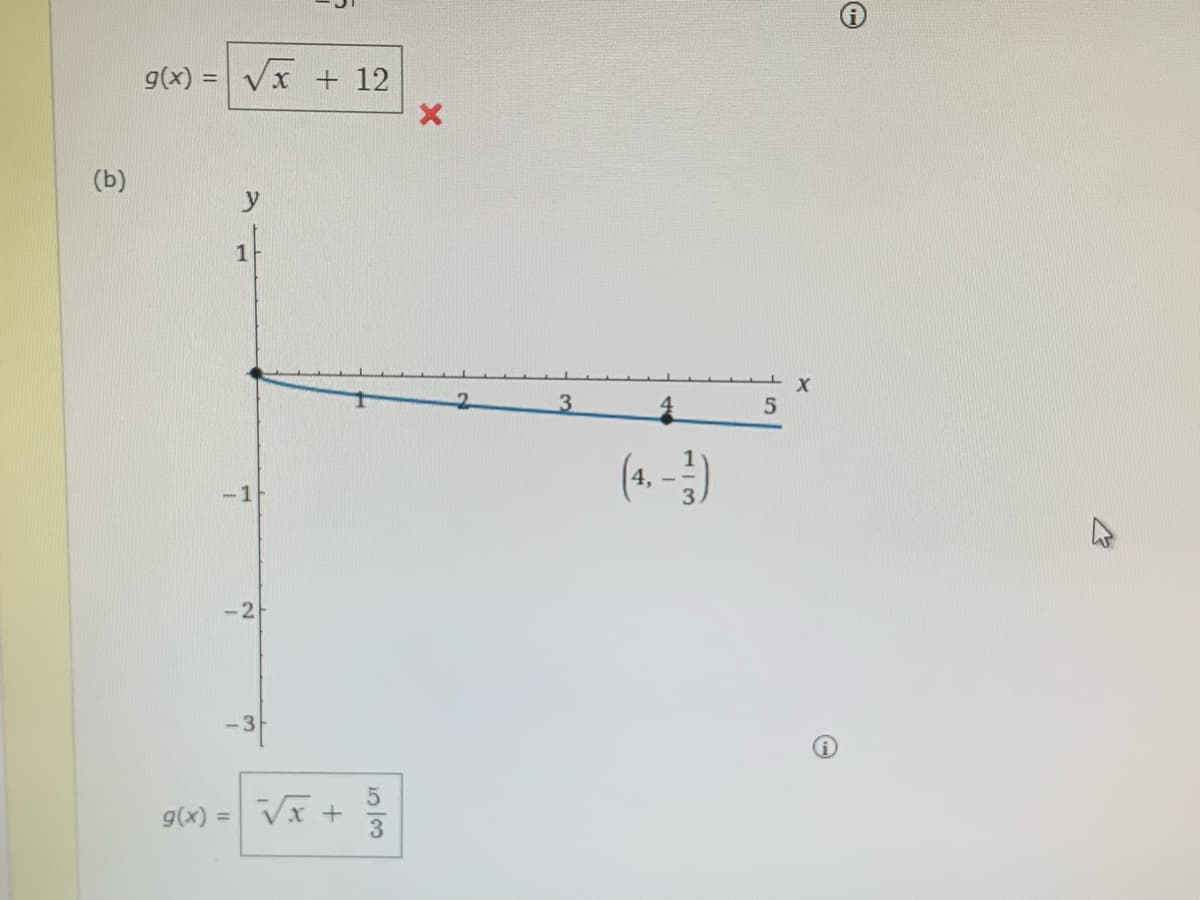 (b)
g(x)=√x + 12
1
-1
-21
g(x) =
-3
√x +
ان | دن
3
(4.-13)
5
X