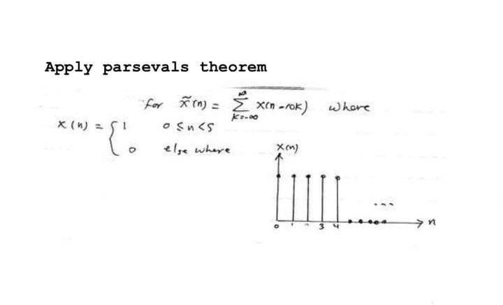 Apply parsevals theorem
for Kn) = Z xn -rok)
where
x (n) =
O Sn<s
elge where
