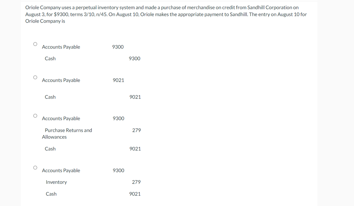 Oriole Company uses a perpetual inventory system and made a purchase of merchandise on credit from Sandhill Corporation on
August 3, for $9300, terms 3/10, n/45. On August 10, Oriole makes the appropriate payment to Sandhill. The entry on August 10 for
Oriole Company is
Accounts Payable
Cash
9300
9300
Accounts Payable
9021
Cash
9021
Accounts Payable
9300
Purchase Returns and
279
Allowances
Cash
9021
Accounts Payable
9300
Inventory
279
Cash
9021