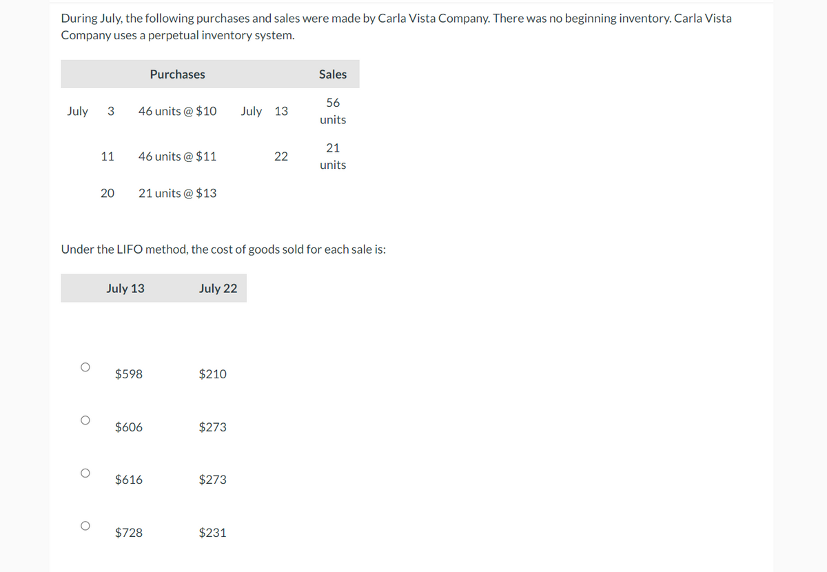 During July, the following purchases and sales were made by Carla Vista Company. There was no beginning inventory. Carla Vista
Company uses a perpetual inventory system.
Purchases
Sales
56
July 3
46 units @ $10
July 13
units
21
11
46 units @ $11
22
units
20
21 units @ $13
Under the LIFO method, the cost of goods sold for each sale is:
о
О
July 13
July 22
$598
$210
$606
$273
$616
$273
$728
$231