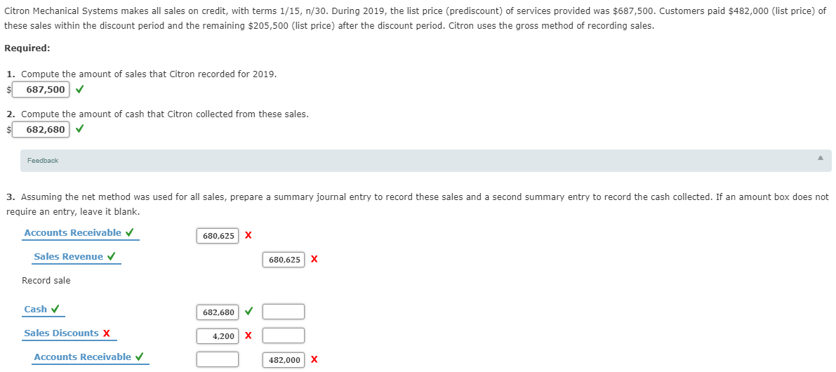 Citron Mechanical Systems makes all sales on credit, with terms 1/15, n/30. During 2019, the list price (prediscount) of services provided was $687,500. Customers paid $482,000 (list price) of
these sales within the discount period and the remaining $205,500 (list price) after the discount period. Citron uses the gross method of recording sales.
Required:
1. Compute the amount of sales that Citron recorded for 2019.
$ 687,500
2. Compute the amount of cash that Citron collected from these sales.
682,680
Feedback
3. Assuming the net method was used for all sales, prepare a summary journal entry to record these sales and a second summary entry to record the cash collected. If an amount box does not
require an entry, leave it blank.
Accounts Receivable v
680,625
Sales Revenue v
680,625
Record sale
Cash v
682,680
Sales Discounts X
4,200
Accounts Receivable v
482,000
