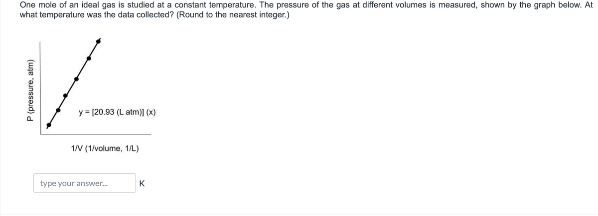 One mole of an ideal gas is studied at a constant temperature. The pressure of the gas at different volumes is measured, shown by the graph below. At
what temperature was the data collected? (Round to the nearest integer.)
V/-
1/V (1/volume, 1/L)
P (pressure, atm)
y = [20.93 (L atm)] (x)
type your answer...
K