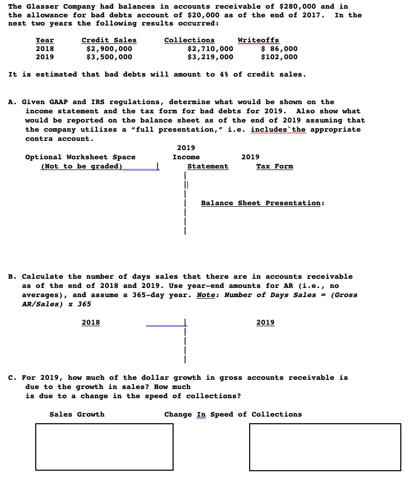 The Glasser Company had balances in accounts receivable of $280,000 and in
the allowance for bad debts account of $20,000 as of the end of 2017. In the
next two years the following results occurred:
Year
2018
Credit Sales
$2,900,000
$3,500,000
Collections
$2,710,000
$3,219,000
Writeoffs
$ 86,000
$102,000
2019
It is estimated that bad debts will amount to 4% of credit sales.
A. Given GAAP and IRS regulations, determine what would be shown on the
income statement and the tax form for bad debts for 2019. Also show what
would be reported on the balance sheet as of the end of 2019 assuming that
the company utilizes a "full presentation," i.e. includes the appropriate
contra account.
2019
Optional Worksheet Space
(Not to be graded).
Income
2019
Statement
Tax Form
||
Balance Sheet Presentation:
B. Calculate the number of days sales that there are in accounts receivable
as of the end of 2018 and 2019. Use year-end amounts for AR (i.e., no
averages), and assume a 365-day year. Note: Number of Days Sales
AR/Sales) x 365
(Gross
%3D
2018
2019
c. For 2019, how much of the dollar growth in gross accounts receivable is
due to the growth in sales? How much
is due to a change in the speed of collections?
Sales Growth
Change In Speed of Collections
