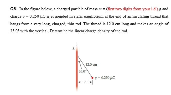 Q6. In the figure below, a charged particle of mass m = (first two digits from your i.d.) g and
charge q = 0.250 µC is suspended in static equilibrium at the end of an insulating thread that
hangs from a very long, charged, thin rod. The thread is 12.0 cm long and makes an angle of
35.0° with the vertical. Determine the linear charge density of the rod.
12.0 cm
35.0
q = 0.250 µC
