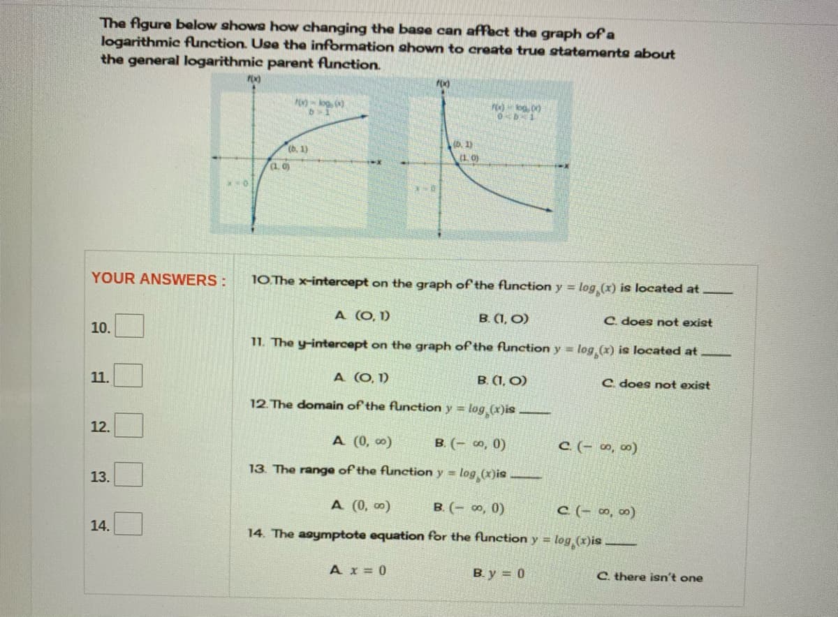 The figure below shows how changing the base can affact the graph of a
logarithmic function. Usoe the information shown to create true statements about
the general logarithmic parent function.
D. 1)
(b. 1)
(1. 0)
YOUR ANSWERS:
10.The x-intercept on the graph of the function y = log,(x) is located at
A (O, 1)
B. (1, O)
C. does not ex
10.
11. The y-intercept on the graph of the function y = log (x) is located at
11.
A (O, 1)
B. (1, O)
C does not exist
12 The domain of the function y = log (x)is –
12.
A (0, o)
B. (- o, 0)
C (- ∞, 0)
13. The range of the function y = log (x)is
13.
A (0, 0)
B. (- 0, 0)
C (- ∞, ∞)
14. The asymptote equation for the function y = log,(x)is
14.
Ax = 0
B. y = 0
C. there isn't one
