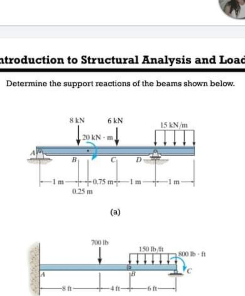 atroduction to Structural Analysis and Load
Determine the support reactions of the beams shown below.
8 kN
6 kN
15 kN/m
20 kN m,
B
D-
m +0.75 m-+1m-
0.25 m
(a)
700 lb
150 lb/t
800 Ib ft
18
-8 t-
