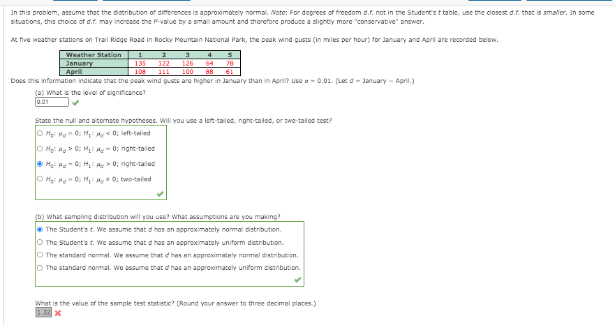 In this problem, assume that the distribution of differences is approximately normal. Note: For degrees of freedom d.f. not in the Student's t table, use the closest d.f. that is smaller. In some
situations, this choice of d.f. may increase the P-value by a small amount and therefore produce a slightly more "conservative" answer.
At five weather stations on Trail Ridge Road in Rocky Mountain National Park, the peak wind gusts (in miles per hour) for January and April are recorded below.
Weather Station
2
3 4 5
1
135
122
126
64 78
January
April
108
111
100
88
61
Does this information indicate that the peak wind gusts are higher in January than in April? Use a = 0.01. (Let d = January - April.)
(a) What is the level of significance?
0.01
State the null and alternate hypotheses. Will you use a left-tailed, right-tailed, or two-tailed test?
O Ho: Ha" 0; H: Ma < 0; left-tailed
O Ho: Ha > 0; H: Ma = 0; right-tailed
O Ho: Ma- 0; H: Ma > 0; right-tailed
O Ho: Ha- 0; H: Hg + 0; two-tailed
(b) What sampling distribution will you use? What assumptions are you making?
O The Student's t. We assume that d has an approximately normal distribution.
O The Student's t. We assume that d has an approximately uniform distribution.
O The standard normal. We assume that d has an approximately normal distribution.
O The standard normal. We assume that d has an approximately uniform distribution.
What is the value of the sample test statistic? (Round your answer to three decimal places.)
1.32 x
