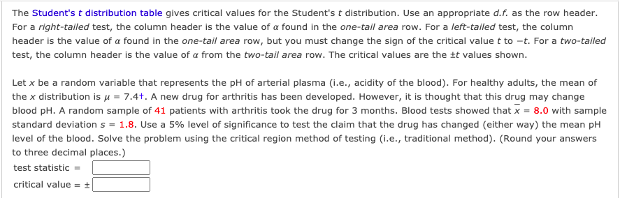 The Student's t distribution table gives critical values for the Student's t distribution. Use an appropriate d.f. as the row header.
For a right-tailed test, the column header is the value of a found in the one-tail area row. For a left-tailed test, the column
header is the value of a found in the one-tail area row, but you must change the sign of the critical value t to -t. For a two-tailed
test, the column header is the value of a from the two-tail area row. The critical values are the ±t values shown.
Let x be a random variable that represents the pH of arterial plasma (i.e., acidity of the blood). For healthy adults, the mean of
the x distribution is u = 7.4t. A new drug for arthritis has been developed. However, it is thought that this drug may change
blood pH. A random sample of 41 patients with arthritis took the drug for 3 months. Blood tests showed that x = 8.0 with sample
standard deviation s = 1.8. Use a 5% level of significance to test the claim that the drug has changed (either way) the mean pH
level of the blood. Solve the problem using the critical region method of testing (i.e., traditional method). (Round your answers
to three decimal places.)
test statistic =
critical value = ±
