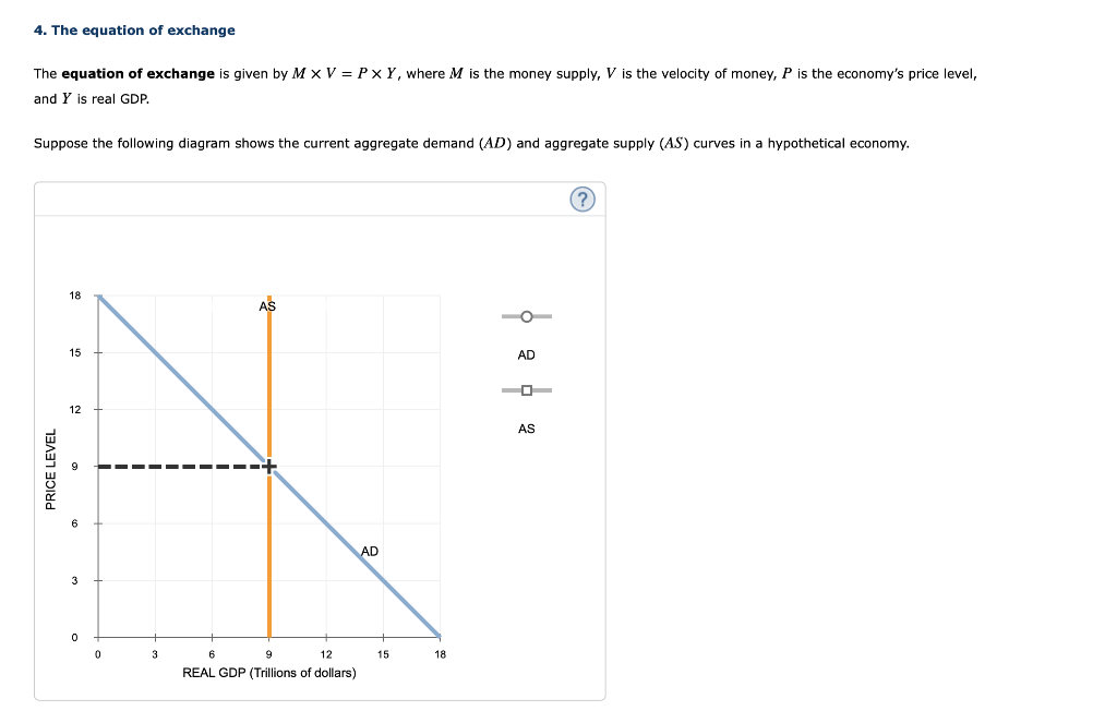 4. The equation of exchange
The equation of exchange is given by M x V = Px Y, where M is the money supply, V is the velocity of money, P is the economy's price level,
and Y is real GDP.
Suppose the following diagram shows the current aggregate demand (AD) and aggregate supply (AS) curves in a hypothetical economy.
PRICE LEVEL
18
15
12
6
3
0
0
3
AS
6
9
12
REAL GDP (Trillions of dollars)
AD
15
18
AD
AS
(?