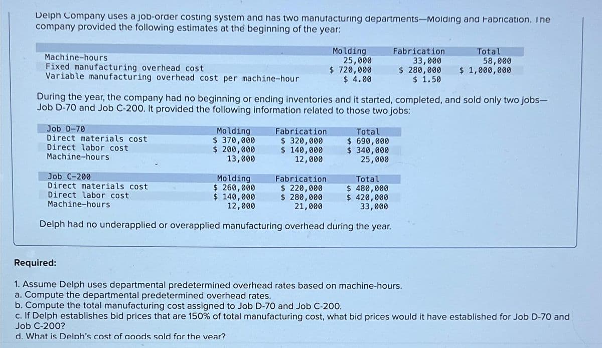 Delph Company uses a job-order costing system and has two manufacturing departments-Molding and Fabrication. The
company provided the following estimates at the beginning of the year:
Machine-hours
Fixed manufacturing overhead cost
Variable manufacturing overhead cost per machine-hour
Job D-70
Direct materials cost
Direct labor cost
Machine-hours
Molding
$ 370,000
$ 200,000
13,000
During the year, the company had no beginning or ending inventories and it started, completed, and sold only two jobs-
Job D-70 and Job C-200. It provided the following information related to those two jobs:
Molding
25,000
$ 720,000
$ 4.00
Fabrication
$ 320,000
$ 140,000
12,000
Molding
$ 260,000
$ 140,000
12,000
Total
$ 690,000
$ 340,000
25,000
Job C-200
Direct materials cost
Fabrication
$ 220,000
Direct labor cost
Machine-hours
$ 280,000
21,000
Delph had no underapplied or overapplied manufacturing overhead during the year.
Fabrication
33,000
$ 280,000
$ 1.50
Total
$ 480,000
$ 420,000
33,000
Total
58,000
$ 1,000,000
Required:
1. Assume Delph uses departmental predetermined overhead rates based on machine-hours.
a. Compute the departmental predetermined overhead rates.
b. Compute the total manufacturing cost assigned to Job D-70 and Job C-200.
c. If Delph establishes bid prices that are 150% of total manufacturing cost, what bid prices would it have established for Job D-70 and
Job C-200?
d. What is Delph's cost of goods sold for the vear?