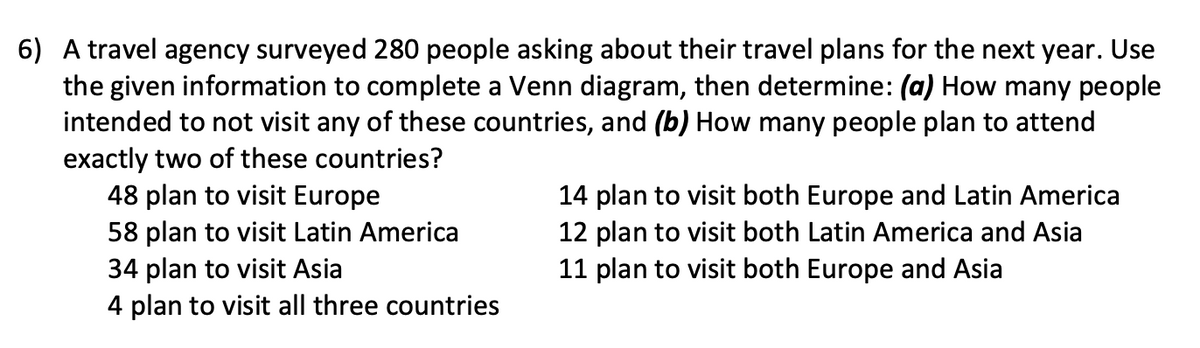 6) A travel agency surveyed 280 people asking about their travel plans for the next year. Use
the given information to complete a Venn diagram, then determine: (a) How many people
intended to not visit any of these countries, and (b) How many people plan to attend
exactly two of these countries?
48 plan to visit Europe
58 plan to visit Latin America
34 plan to visit Asia
4 plan to visit all three countries
14 plan to visit both Europe and Latin America
12 plan to visit both Latin America and Asia
11 plan to visit both Europe and Asia