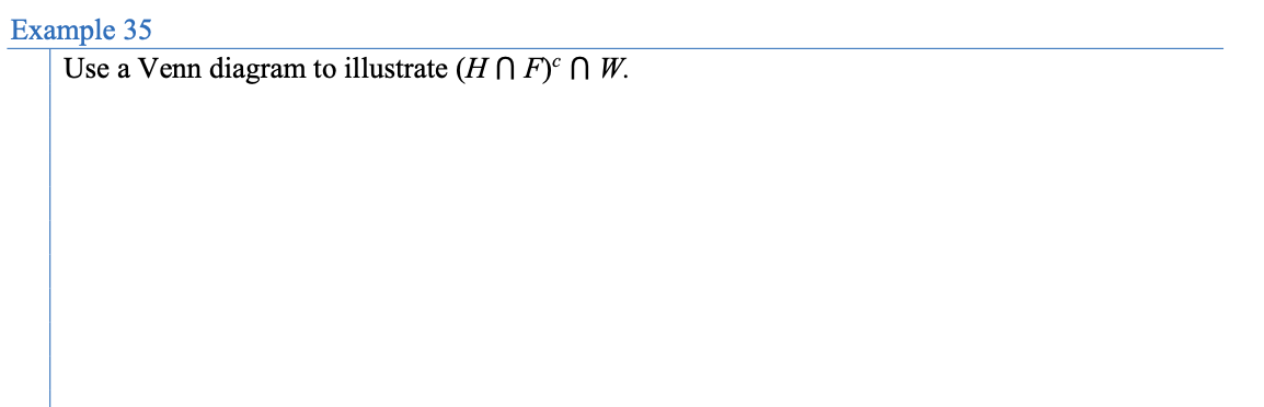 Example 35
Use a Venn diagram to illustrate (HF) n W.