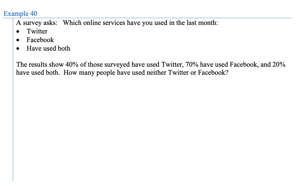 Example 40
A survey asks: Which online services have you used in the last month:
Twitter
● Facebook
Have used both
The results show 40% of those surveyed have used Twitter, 70% have used Facebook, and 20%
have used both. How many people have used neither Twitter or Facebook?