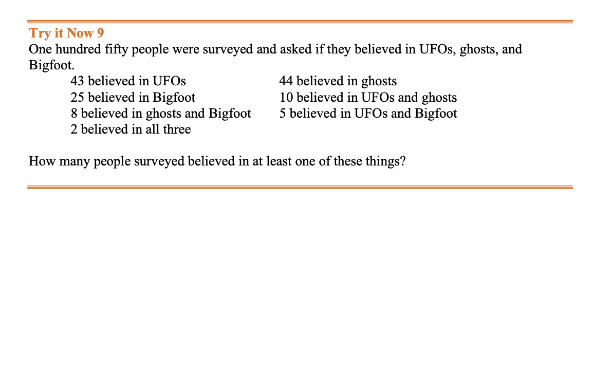 Try it Now 9
One hundred fifty people were surveyed and asked if they believed in UFOs, ghosts, and
Bigfoot.
43 believed in UFOs
25 believed in Bigfoot
8 believed in ghosts and Bigfoot
2 believed in all three
44 believed in ghosts
10 believed in UFOs and ghosts
5 believed in UFOs and Bigfoot
How many people surveyed believed in at least one of these things?