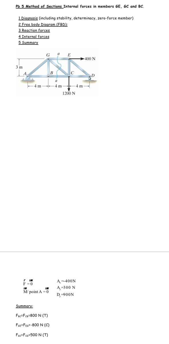 Pb 5 Method of Sections Internal forces in members GE, GC and BC.
1 Diagnosis (including stability, determinacy, zero-force member)
2 Free body Diagram (FBD):
3 Reaction forces
4 Internal forces
5 Summary
3 m
4 m
G
r
F = 0
M/ point A = 0
Summary:
FBC FCB 800 N (T)
FGE=FEG-800 N (C)
FGc=FcG=500 N (T)
B
a
a
4 m
E
с
-4 m
1200 N
A-400N
A-300 N
D₂=900N
400 N
D