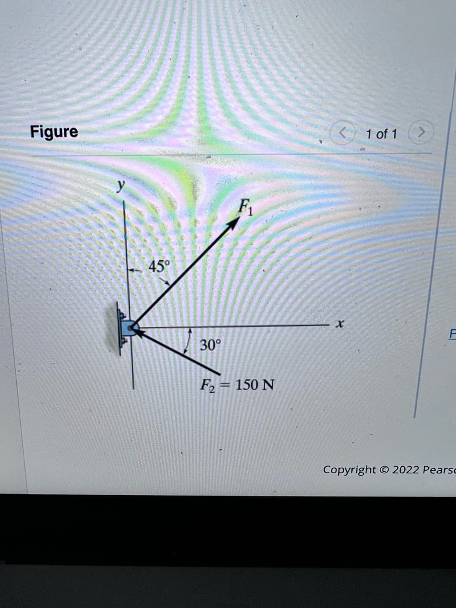 < 1 of 1
Figure
y
45°
30°
F2 = 150 N
Copyright O 2022 Pearsc
