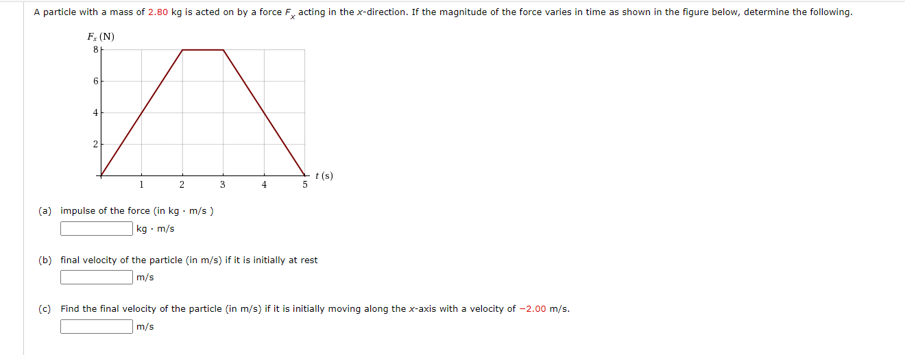 A particle with a mass of 2.80 kg is acted on by a force F, acting in the x-direction. If the magnitude of the force varies in time as shown in the figure below, determine the following
F, (N)
8
4
2
t (s)
1
3
4
(a) impulse of the force (in kg · m/s )
kg · m/s
(b) final velocity of the particle (in m/s) if it is initially at rest
m/s
(c) Find the final velocity of the particle (in m/s) if it is initially moving along the x-axis with a velocity of -2.00 m/s.
m/s
