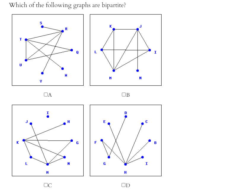 Which of the following graphs are bipartite?
I
V
OA
OB
E
C
I
H.
OC
OD
