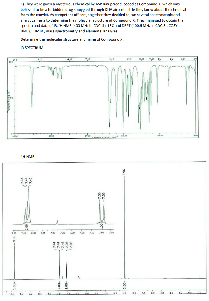 1) They were given a mysterious chemical by ASP Rinuprasad, coded as Compound X, which was
believed to be a forbidden drug smuggled through KLIA airport. Little they know about the chemical
from the convict. As competent officers, together they decided to run several spectroscopic and
analytical tests to determine the molecular structure of Compound X. They managed to obtain the
spectra and data of IR, 'H NMR (400 MHz in CDCI 3), 13C and DEPT (100.6 MHz in CDC13), COSY,
HMQC, HMBC, mass spectrometry and elemental analyses.
Determine the molecular structure and name of Compound X.
IR SPECTRUM
2.5
100
3.0
4.0
5,0
6.0
7.0
8.0
9.0 10
12
15
2000
avenumber cm 1500
000
1000
1Η ΝMR
7.50
7.45
7.40
7.35
7.30
7.25
7.20
7.15
7.10
7.05
7.00
55 50
1.5
100
9.5
9.0
8.5
8.0
7.5
7.0
65
60
4.5
35
3.0
2.5
20
10
0.5
