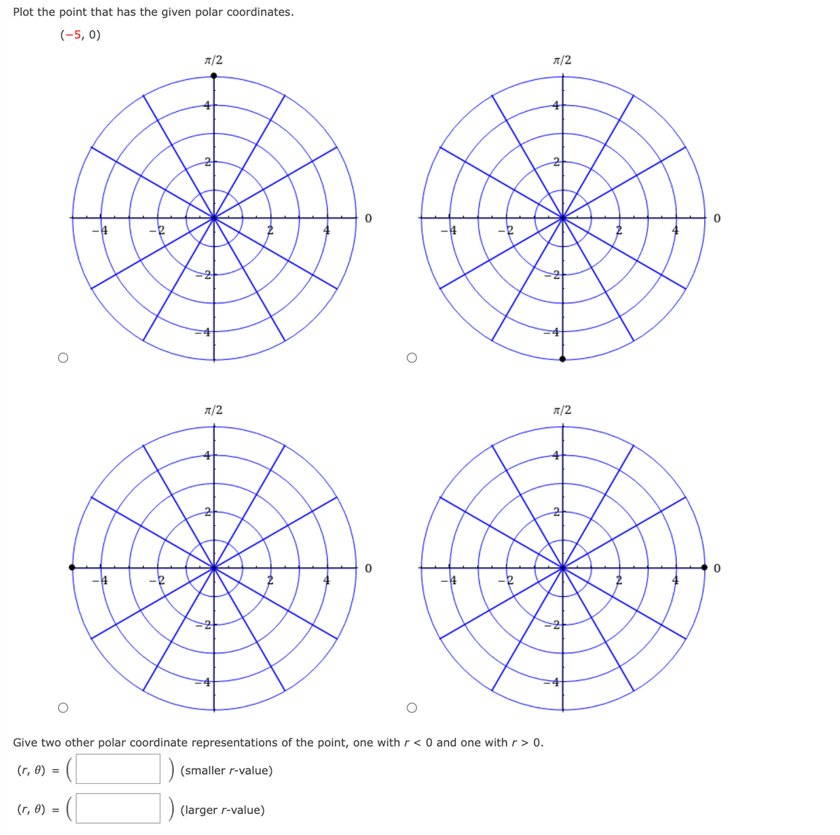 Plot the point that has the given polar coordinates.
(-5, 0)
л/2
л/2
4
4
-4
-2
-2
A/2
л/2
4
4
4
-4
-2
Give two other polar coordinate representations of the point, one with r < 0 and one with r > 0.
(r, 0) =
(smaller r-value)
(r, 0) =
(larger r-value)
