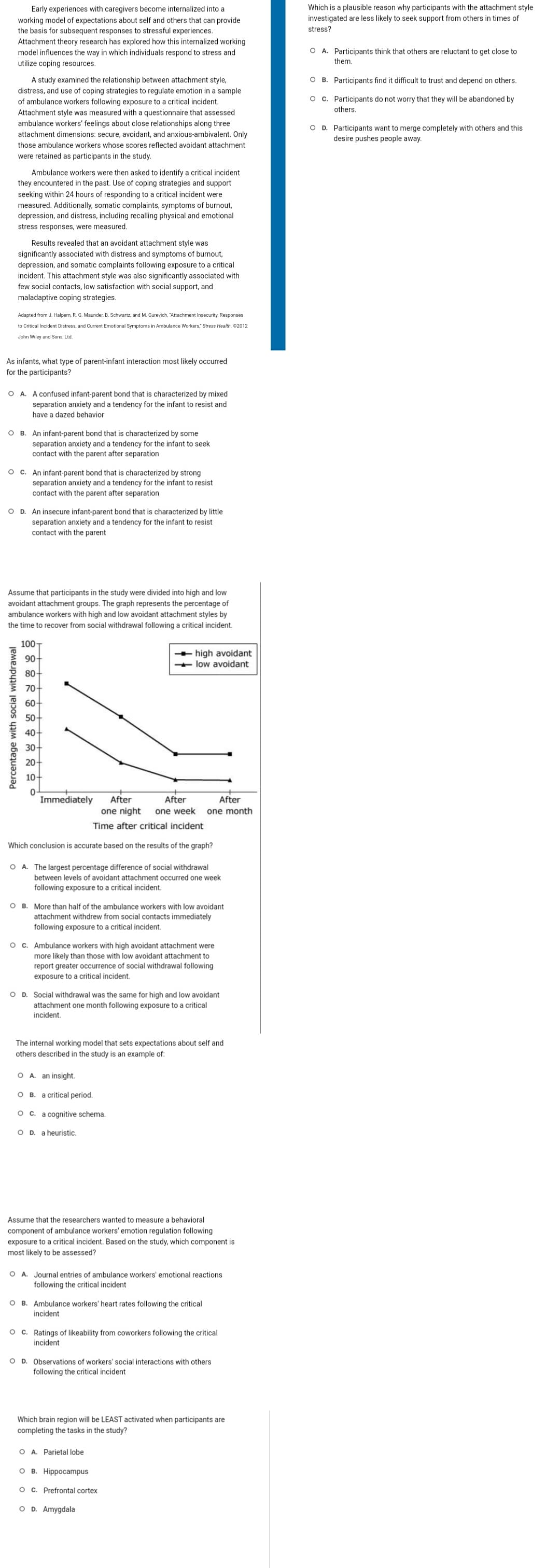 Early experiences with caregivers become internalized into a
working model of expectations about self and others that can provide
the basis for subsequent responses to stressful experiences.
Attachment theory research has explored how this internalized working
model influences the way in which individuals respond to stress and
utilize coping resources.
A study examined the relationship between attachment style,
distress, and use of coping strategies to regulate emotion in a sample
of ambulance workers following exposure to a critical incident.
Attachment style was measured with a questionnaire that assessed
ambulance workers' feelings about close relationships along three
attachment dimensions: secure, avoidant, and anxious-ambivalent. Only
those ambulance workers whose scores reflected avoidant attachment
were retained as participants in the study.
Ambulance workers were then asked to identify a critical incident
they encountered in the past. Use of coping strategies and support
seeking within 24 hours of responding to a critical incident were
measured. Additionally, somatic complaints, symptoms of burnout,
depression, and distress, including recalling physical and emotional
stress responses, were measured.
Results revealed that an avoidant attachment style was
significantly associated with distress and symptoms of burnout,
depression, and somatic complaints following exposure to a critical
incident. This attachment style was also significantly associated with
few social contacts, low satisfaction with social support, and
maladaptive coping strategies.
Adapted from J. Halpern, R. G. Maunder, B. Schwartz, and M. Gurevich, "Attachment Insecurity, Responses
to Critical Incident Distress, and Current Emotional Symptoms in Ambulance Workers, Stress Health. ©2012
John Wiley and Sons, Ltd.
As infants, what type of parent-infant interaction most likely occurred
for the participants?
OA. A confused infant-parent bond that is characterized by mixed
separation anxiety and a tendency for the infant to resist and
have a dazed behavior
Percentage with social withdrawal
OB. An infant-parent bond that is characterized by some
separation anxiety and a tendency for the infant to seek
contact with the parent after separation
OC. An infant-parent bond that is characterized by strong
separation anxiety and a tendency for the infant to resist
contact with the parent after separation
OD. An insecure infant-parent bond that is characterized by little
separation anxiety and a tendency for the infant to resist
contact with the parent
Assume that participants in the study were divided into high and low
avoidant attachment groups. The graph represents the percentage of
ambulance workers with high and low avoidant attachment styles by
the time to recover from social withdrawal following a critical incident.
100T
90-
80
70-
60+
50-
40-
30-
20+
10+
0
Immediately After
After
After
one night one week one month
Time after critical incident
Which conclusion is accurate based on the results of the graph?
O A. The largest percentage difference of social withdrawal
between levels of avoidant attachment occurred one week
following exposure to a critical incident.
OB. More than half of the ambulance workers with low avoidant
attachment withdrew from social contacts immediately
following exposure to a critical incident.
O c. Ambulance workers with high avoidant attachment were
more likely than those with low avoidant attachment to
report greater occurrence of social withdrawal following
exposure to a critical incident.
high avoidant
low avoidant
OD. Social withdrawal was the same for high and low avoidant
attachment one month following exposure to a critical
incident.
The internal working model that sets expectations about self and
others described in the study is an example of:
O A. an insight.
OB. a critical period.
O c. a cognitive schema.
OD a heuristic.
Assume that the researchers wanted to measure a behavioral
component of ambulance workers' emotion regulation following
exposure to a critical incident. Based on the study, which component is
most likely to be assessed?
O A. Journal entries of ambulance workers' emotional reactions
following the critical incident
OB. Ambulance workers' heart rates following the critical
incident
OC. Ratings of likeability from coworkers following the critical
incident
OD. Observations of workers' social interactions with others
following the critical incident
Which brain region will be LEAST activated when participants are
completing the tasks in the study?
O A. Parietal lobe
OB. Hippocampus
OC. Prefrontal cortex
O D. Amygdala
Which is a plausible reason why participants with the attachment style
investigated are less likely to seek support from others in times of
stress?
O A. Participants think that others are reluctant to get close to
them.
OB. Participants find it difficult to trust and depend on others.
O c.
Participants do not worry that they will be abandoned by
others.
O D. Participants want to merge completely with others and this
desire pushes people away.