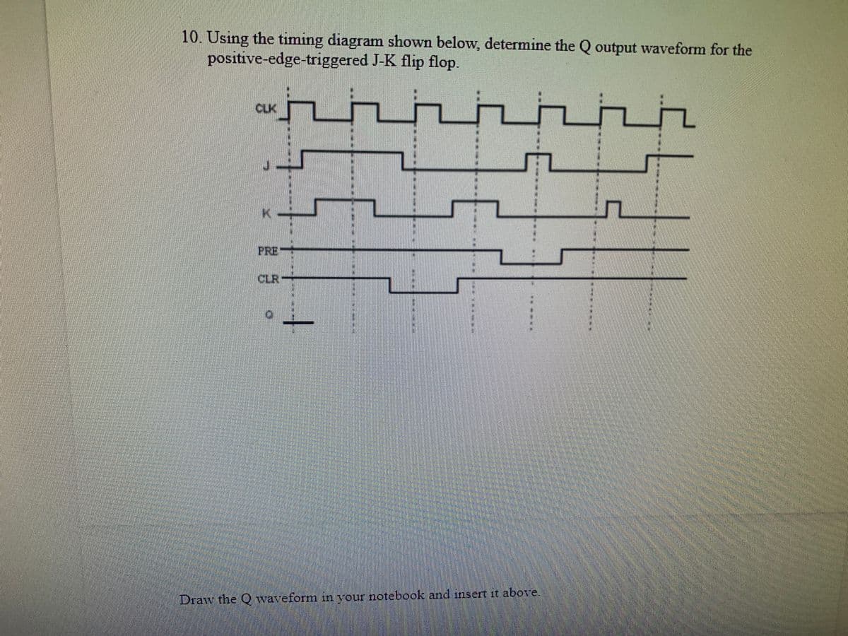 10. Using the timing diagramn shown below, determine the Q output waveform for the
positive-edge-triggered J-K flip flop.
CLK
PRE
CLR
Draw the Q waveform in vour notebook and insert it above.
