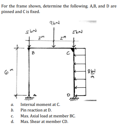 For the frame shown, determine the following. A,B, and D are
pinned and C is fixed.
2m
B
a.
Internal moment at C.
b.
Pin reaction at D.
C.
Max. Axial load at member BC.
d.
Max. Shear at member CD.
