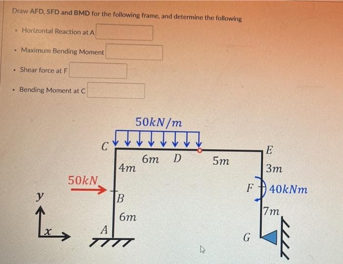 Draw AFD, SFD and BMD for the following frame, and determine the following
Horizontal Reaction at A
• Maximum Bending Moment
Shear force at F
• Bending Moment at C
50KN/m
E
D
6m
4m
5m
3m
50kN
F
40kNm
y.
7m
бт
A
G
TTTT
