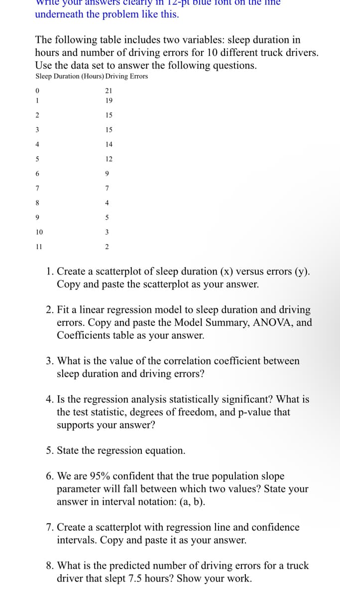 write your answers clearly in 12-pt blue font on the line
underneath the problem like this.
The following table includes two variables: sleep duration in
hours and number of driving errors for 10 different truck drivers.
Use the data set to answer the following questions.
Sleep Duration (Hours) Driving Errors
0
21
1
19
2
15
3
15
4
14
5
12
6
9
7
7
8
4
9
10
11
5
2
1. Create a scatterplot of sleep duration (x) versus errors (y).
Copy and paste the scatterplot as your answer.
2. Fit a linear regression model to sleep duration and driving
errors. Copy and paste the Model Summary, ANOVA, and
Coefficients table as your answer.
3. What is the value of the correlation coefficient between
sleep duration and driving errors?
4. Is the regression analysis statistically significant? What is
the test statistic, degrees of freedom, and p-value that
supports your answer?
5. State the regression equation.
6. We are 95% confident that the true population slope
parameter will fall between which two values? State your
answer in interval notation: (a, b).
7. Create a scatterplot with regression line and confidence
intervals. Copy and paste it as your answer.
8. What is the predicted number of driving errors for a truck
driver that slept 7.5 hours? Show your work.