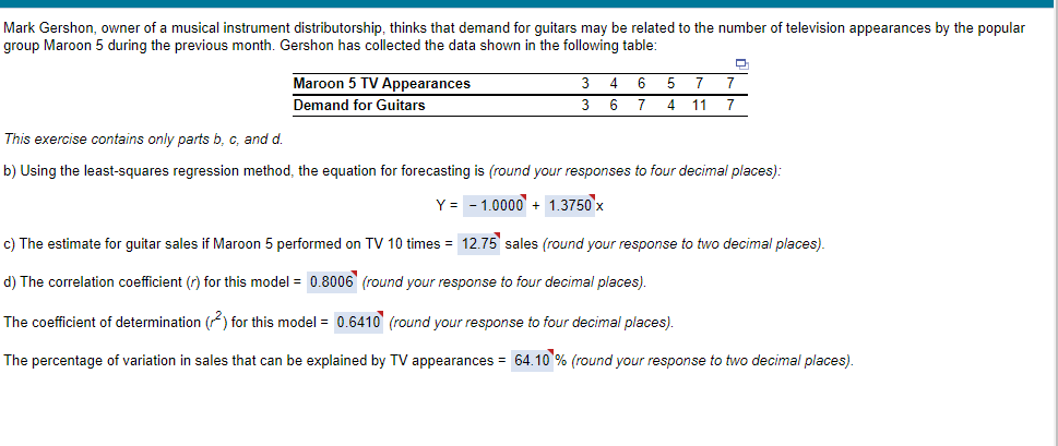 Mark Gershon, owner of a musical instrument distributorship, thinks that demand for guitars may be related to the number of television appearances by the popular
group Maroon 5 during the previous month. Gershon has collected the data shown in the following table:
Maroon 5 TV Appearances
3
4
5
7
7
Demand for Guitars
6
7
11
This exercise contains only parts b, c, and d.
b) Using the least-squares regression method, the equation for forecasting is (round your responses to four decimal places):
Y = - 1.0000 + 1.3750'x
c) The estimate for guitar sales if Maroon 5 performed on TV 10 times = 12.75 sales (round your response to two decimal places).
d) The correlation coefficient (r) for this model = 0.8006 (round your response to four decimal places).
The coefficient of determination (r) for this model = 0.6410 (round your response to four decimal places).
The percentage of variation in sales that can be explained by TV appearances = 64.10 % (round your response to two decimal places).
