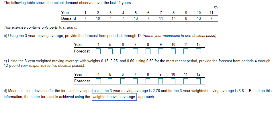 The following table shows the actual demand observed over the last 11 years:
Year
2
3
4
7
8
10
11
Demand
7
10
4
7
13
7
11
14
8
13
7
This exercise contains only parts b, c, and d.
b) Using the 3-year moving average, provide the forecast from periods 4 through 12 (round your responses to one decimal place).
Year
4
6.
7
8
10
11
12
Forecast
c) Using the 3-year weighted moving average with weights 0.15, 0.25, and 0.60, using 0.60 for the most recent period, provide the forecast from periods 4 through
12 (round your responses to two decimal places).
Year
4
7
8
9
10
11
12
Forecast
d) Mean absolute deviation for the forecast developed using the 3-year moving average is 2.76 and for the 3-year weighted moving average is 3.61. Based on this
information, the better forecast is achieved using the weighted moving average approach.
