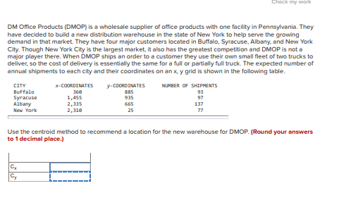 DM Office Products (DMOP) is a wholesale supplier of office products with one facility in Pennsylvania. They
have decided to build a new distribution warehouse in the state of New York to help serve the growing
demand in that market. They have four major customers located in Buffalo, Syracuse, Albany, and New York
City. Though New York City is the largest market, it also has the greatest competition and DMOP is not a
major player there. When DMOP ships an order to a customer they use their own small fleet of two trucks to
deliver, so the cost of delivery is essentially the same for a full or partially full truck. The expected number of
annual shipments to each city and their coordinates on an x, y grid is shown in the following table.
CITY
Buffalo
Syracuse
Albany
New York
x-COORDINATES
360
1,455
2,335
2,310
C₂
Cy
y-COORDINATES
885
935
665
25
Check my work
NUMBER OF SHIPMENTS
93
97
137
77
Use the centroid method to recommend a location for the new warehouse for DMOP. (Round your answers
to 1 decimal place.)