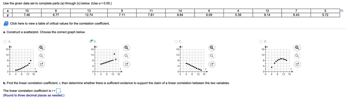 Use the given data set to complete parts (a) through (c) below. (Use a = 0.05.)
10
8
13
9.
11
14
4
12
7
y
7.46
6.77
12.74
7.11
7.81
8.84
6.09
5.39
8.14
6.43
5.72
Click here to view a table of critical values for the correlation coefficient.
a. Construct a scatterplot. Choose the correct graph below.
A.
В.
C.
D.
Ay
16-
Ay
16-
Ay
16-
Ay
16-
12-
12-
12-
12-
8-
8-
8-
8-
00000000• •
4-
4-
4-
4-
X
X
X
0-
0-
0-
4
8
12
16
4
8
12
16
4
8
12
16
4
8.
12
16
b. Find the linear correlation coefficient, r, then determine whether there is sufficient evidence to support the claim of a linear correlation between the two variables.
The linear correlation coefficient is r=
(Round to three decimal places as needed.)
of
