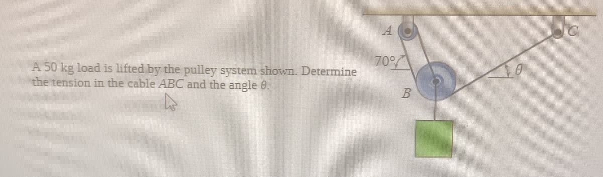 70
A 50 kg load is lifted by the pulley system shown. Determine
the tension in the cable ABC and the angle 0.
