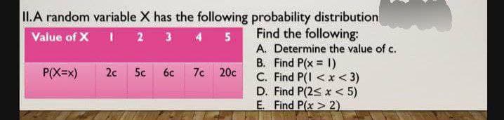 II.A random variable X has the following probability distribution
Value of X
1 2 3 4 5
Find the following:
A. Determine the value of c.
B. Find P(x = 1)
C. Find P(1<x<3)
D. Find P(2< x < 5)
E. Find P(x > 2)
P(X=x)
2c 5c
6c
7c 20c