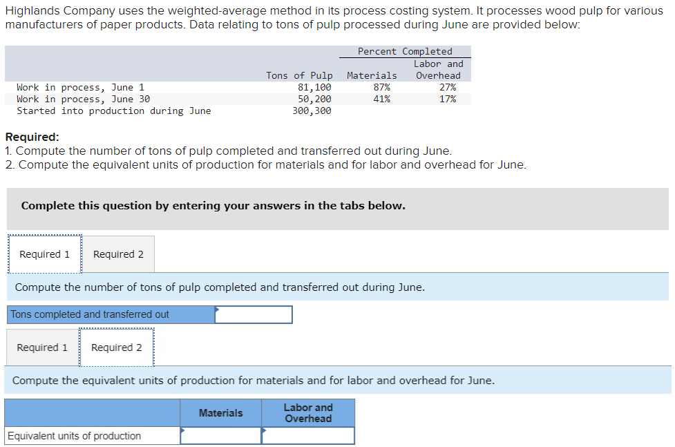 Highlands Company uses the weighted-average method in its process costing system. It processes wood pulp for various
manufacturers of paper products. Data relating to tons of pulp processed during June are provided below:
Work in process, June 1
Work in process, June 30
Started into production during June
Required 1 Required 2
Tons of Pulp
81,100
Required 1 Required 2
50, 200
300, 300
Required:
1. Compute the number of tons of pulp completed and transferred out during June.
2. Compute the equivalent units of production for materials and for labor and overhead for June.
Complete this question by entering your answers in the tabs below.
Percent Completed
Equivalent units of production
Materials
87%
41%
Materials
Compute the number of tons of pulp completed and transferred out during June.
Tons completed and transferred out
Labor and
Overhead
27%
17%
Compute the equivalent units of production for materials and for labor and overhead for June.
Labor and
Overhead