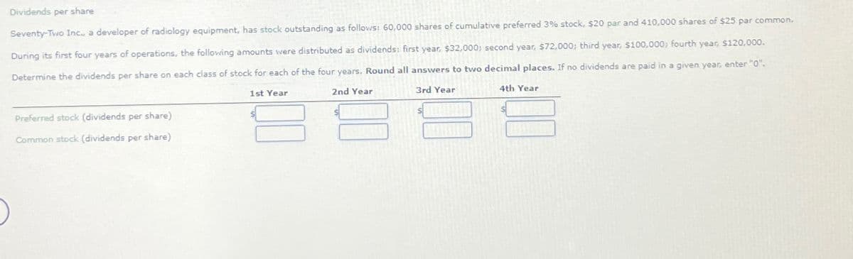 Dividends per share
Seventy-Two Inc., a developer of radiology equipment, has stock outstanding as follows: 60,000 shares of cumulative preferred 3% stock, $20 par and 410,000 shares of $25 par common.
During its first four years of operations, the following amounts were distributed as dividends: first year, $32,000; second year, $72,000; third year, $100,000; fourth year, $120,000.
Determine the dividends per share on each class of stock for each of the four years. Round all answers to two decimal places. If no dividends are paid in a given year, enter "0".
Preferred stock (dividends per share)
Common stock (dividends per share)
1st Year
2nd Year
3rd Year
4th Year