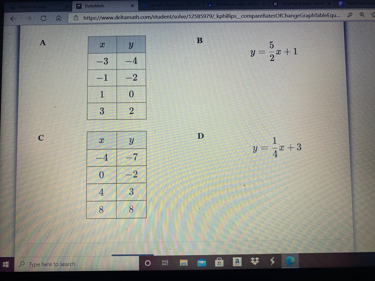 Microsoft Edge
* DeltaMath
- Workbook pages 434-4 X
Angelina Brooks- work X
E Angelina Brooks
K
Ô https://www.deltamath.com/student/solve/12585979/_kphillips_compareRatesOfChangeGraphTableEqu... P
A
B
y = x + 1
-3
-4
-1
-2
3
2
C
Y = 7x + 3
-4
-7
3
8.
P Type here to search
a
2]
4.
8.
