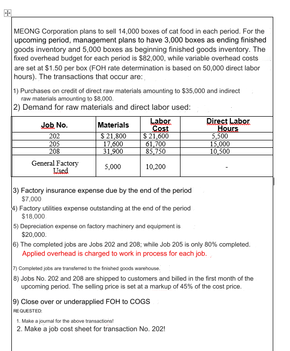 +
MEONG Corporation plans to sell 14,000 boxes of cat food in each period. For the
upcoming period, management plans to have 3,000 boxes as ending finished
goods inventory and 5,000 boxes as beginning finished goods inventory. The
fixed overhead budget for each period is $82,000, while variable overhead costs
are set at $1.50 per box (FOH rate determination is based on 50,000 direct labor
hours). The transactions that occur are:
1) Purchases on credit of direct raw materials amounting to $35,000 and indirect
raw materials amounting to $8,000.
2) Demand for raw materials and direct labor used:
Job No.
Materials
202
$ 21,800
Labor
Cost
$ 21,600
Direct Labor
Hours
5,500
205
17,600
61,700
15,000
208
31,900
85,750
10,500
General Factory
Used
5,000
10,200
3) Factory insurance expense due by the end of the period
$7,000
4) Factory utilities expense outstanding at the end of the period
$18,000
5) Depreciation expense on factory machinery and equipment is
$20,000.
6) The completed jobs are Jobs 202 and 208; while Job 205 is only 80% completed.
Applied overhead is charged to work in process for each job.
7) Completed jobs are transferred to the finished goods warehouse.
8) Jobs No. 202 and 208 are shipped to customers and billed in the first month of the
upcoming period. The selling price is set at a markup of 45% of the cost price.
9) Close over or underapplied FOH to COGS
REQUESTED:
1. Make a journal for the above transactions!
2. Make a job cost sheet for transaction No. 202!